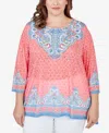 RUBY RD. PLUS SIZE EMBELLISHED GUAVA BORDER PRINT SUBLIMATION TOP