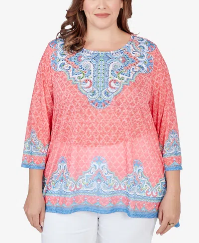 Ruby Rd. Plus Size Embellished Guava Border Print Sublimation Top In Guava Multi