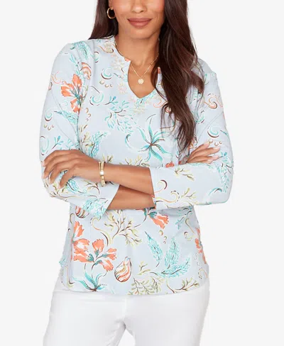 Ruby Rd. Plus Size Embellished Oceania Floral Knit Top In Blue
