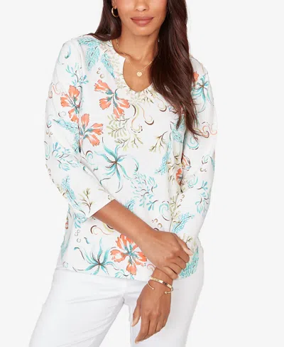 Ruby Rd. Plus Size Embellished Oceania Floral Knit Top In White