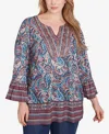 Ruby Rd. Plus Size Embellished Placket Paisley Print Slub Jersey Top In Porcelain Blue Multi