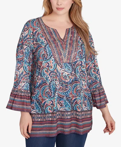 Ruby Rd. Plus Size Embellished Placket Paisley Print Slub Jersey Top In Porcelain Blue Multi