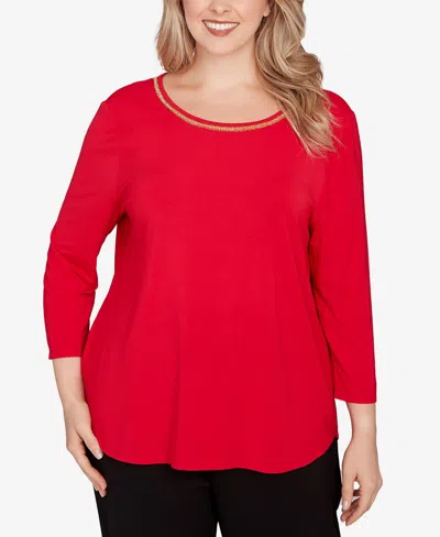 Ruby Rd. Plus Size Embellished Scoop Neck Solid Knit Top In Red