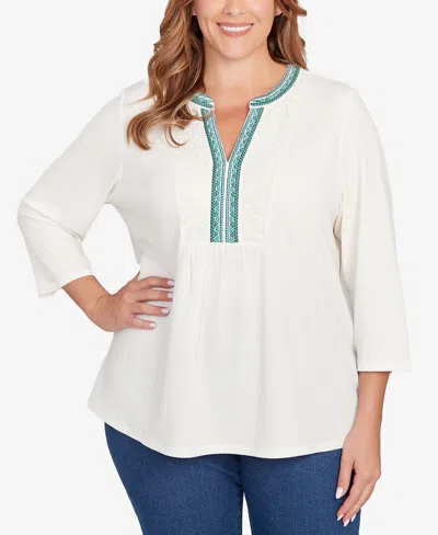 Ruby Rd. Plus Size Embellished Textured Split Neck Top In White