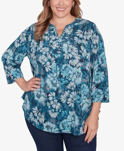 Ruby Rd. Plus Size Embellished Wintery Floral Hatchi Top In Jade Multi