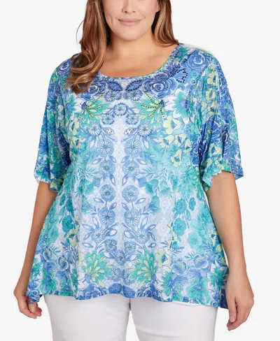 Ruby Rd. Plus Size Embroidered Floral Top In Clear Blue Multi