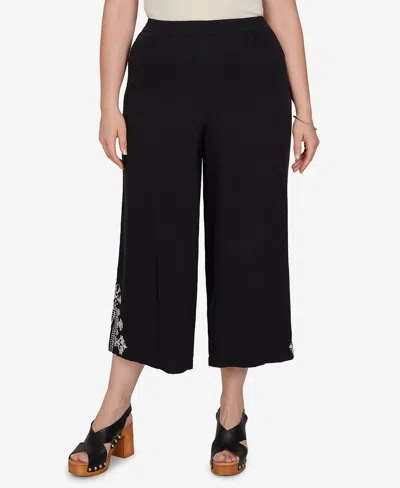 Ruby Rd. Plus Size Embroidered Gauze Relaxed Elastic Waist Pants In Black