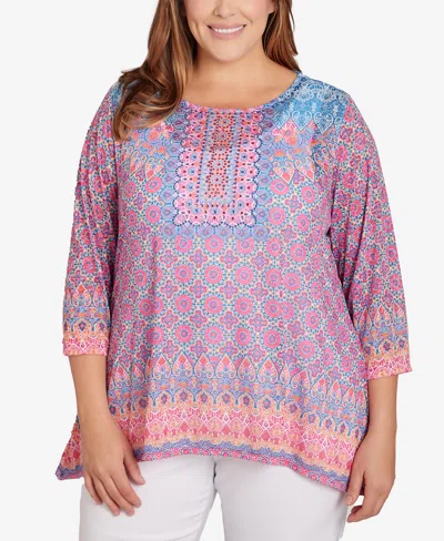 Ruby Rd. Plus Size Embroidered Geometric Top In Raspberry Multi