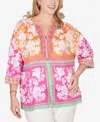 Ruby Rd. Plus Size Embroidered Placket Patchwork Knit Top In Multi