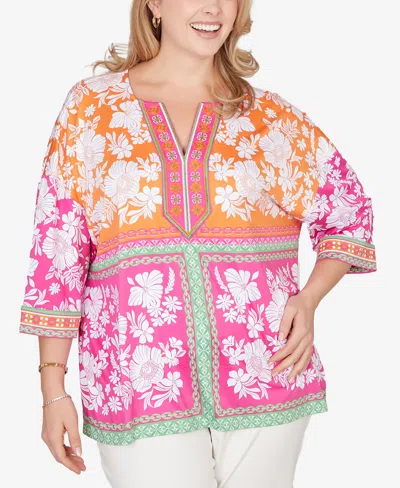 Ruby Rd. Plus Size Embroidered Placket Patchwork Knit Top In Multi