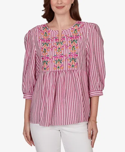 Ruby Rd. Plus Size Embroidered Placket Stripe Top In Multi