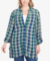 Ruby Rd. Plus Size Embroidered Plaid Button Down Top In Green