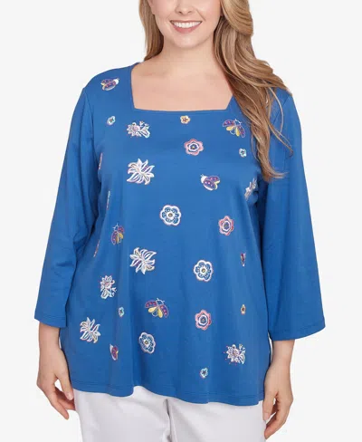 Ruby Rd. Plus Size Embroidered Scattered Floral Top In Light Indigo