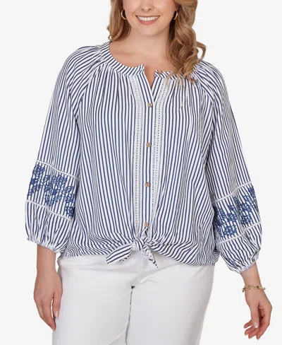 Ruby Rd. Plus Size Embroidered Seersucker Tie-front Henley Top In Blue