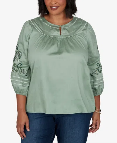 Ruby Rd. Plus Size Embroidered Sleeve Voile Top In Jasper
