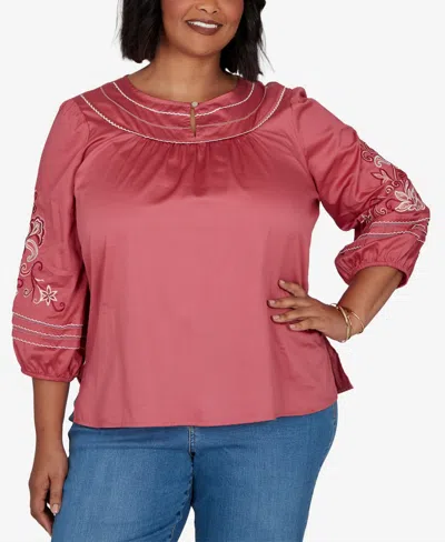 Ruby Rd. Plus Size Embroidered Sleeve Voile Top In Rose