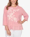 Ruby Rd. Plus Size Embroidered Terry Crew Neck Top In Pink