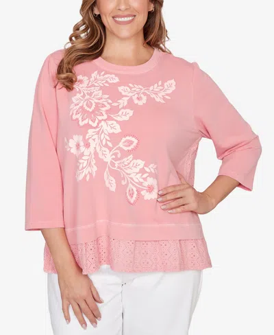 Ruby Rd. Plus Size Embroidered Terry Crew Neck Top In Pink