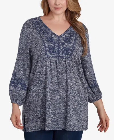 Ruby Rd. Plus Size Embroidered V-neck Hatchi Spacedye Knit Top With Balloon Sleeves In Indigo Multi