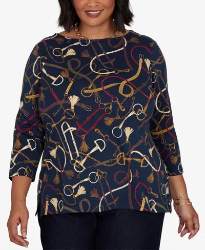 Ruby Rd. Plus Size Equestrian Boat Neck 3/4-sleeve Top In Blue