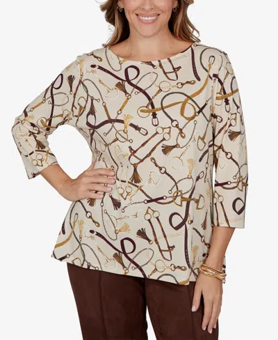 Ruby Rd. Plus Size Equestrian Boat Neck 3/4-sleeve Top In Neutral