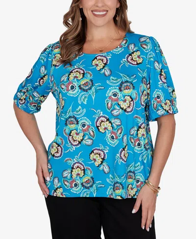 Ruby Rd. Plus Size Etched Floral Puff Print T-shirt In Blue