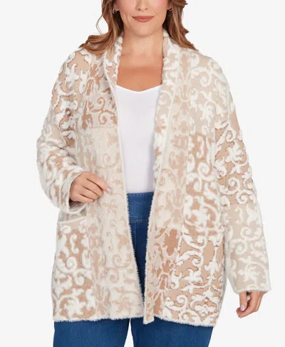 Ruby Rd. Plus Size Eyelash Scroll Jacquard Cardigan Sweater In Brown
