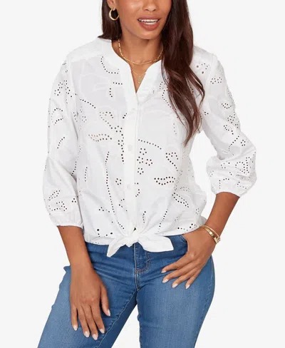 Ruby Rd. Plus Size Eyelet Puff Print Tie Front Top In White