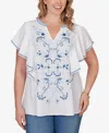 Ruby Rd. Plus Size Featherlight Embroidered Flutter Sleeve T-shirt In White