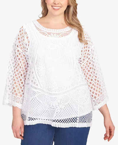 Ruby Rd. Plus Size Floral Blocked Crochet Crew Neck Top
