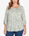 Ruby Rd. Plus Size Floral Dew Drop Ruched Sleeves Top In Green