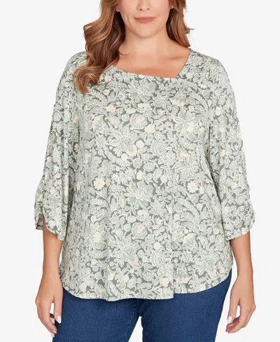 Ruby Rd. Plus Size Floral Dew Drop Ruched Sleeves Top In Green