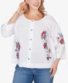 Ruby Rd. Plus Size Floral Embroidered Poplin Button Front Top In White