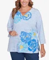 Ruby Rd. Plus Size Floral Embroidered Script Stripe Top In Bluebird Multi