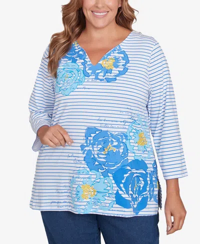 Ruby Rd. Plus Size Floral Embroidered Script Stripe Top In Bluebird Multi