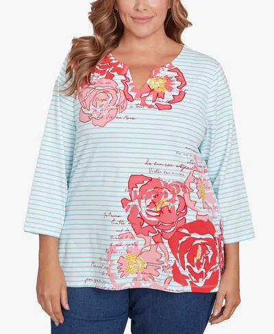 Ruby Rd. Plus Size Floral Embroidered Script Stripe Top In Julep Multi
