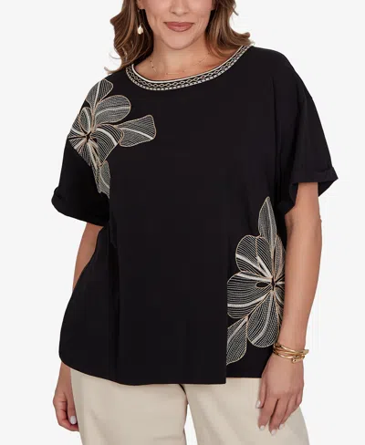 Ruby Rd. Plus Size Floral Noir Embroidered Knit T-shirt In Black