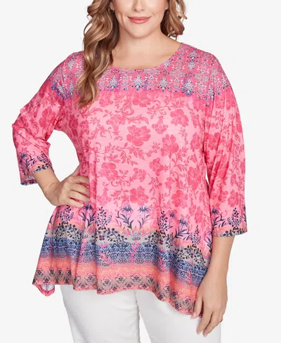 Ruby Rd. Plus Size Floral Ombre Border Sublimation Knit Top In Azalea Multi