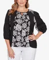 Ruby Rd. Plus Size Floral Panel Crinkle Knit Peasant Top In Black