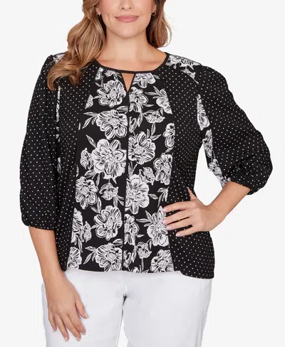 Ruby Rd. Plus Size Floral Panel Crinkle Knit Peasant Top In Black