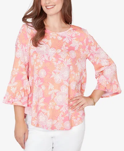 Ruby Rd. Plus Size Floral Puff Print Ruffle Knit Top In Pink