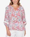 Ruby Rd. Plus Size Floral Silky Gauze Peasant Button Front Top In Multi