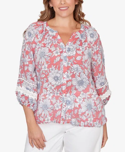 Ruby Rd. Plus Size Floral Silky Gauze Peasant Button Front Top In Multi