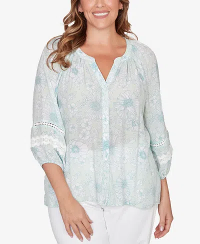 Ruby Rd. Plus Size Floral Silky Gauze Peasant Top In Blue