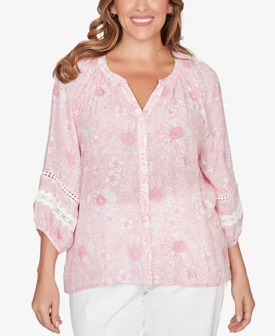 Ruby Rd. Plus Size Floral Silky Gauze Peasant Top In Pink