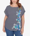Ruby Rd. Plus Size Floral Stripe Jersey Top In Blue