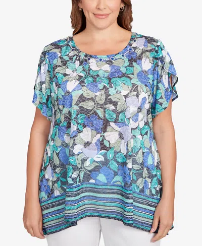 Ruby Rd. Plus Size Floral Striped Border Flutter Sleeve Top In Blue