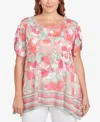 Ruby Rd. Plus Size Floral Striped Border Flutter Sleeve Top In Pink
