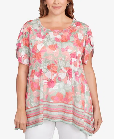 Ruby Rd. Plus Size Floral Striped Border Flutter Sleeve Top In Pink