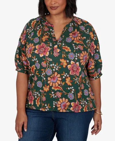 Ruby Rd. Plus Size Floral Vines Printed Cotton Knit Top In Fern Multi